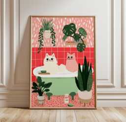 Cute Cats Bath Wall Art Poster Playful Bathroom Illustration Pink Green Cat Decor, Whimsical - thumbnail 1