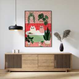 Cute Cats Bath Wall Art Poster Playful Bathroom Illustration Pink Green Cat Decor, Whimsical - thumbnail 3