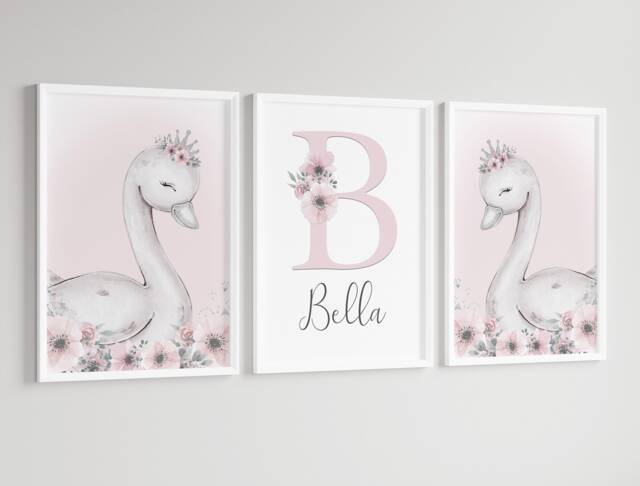 Swan Princess Girls Room A4 Or A3 Nursery Set Of Unframed Personalised Prints Pink Grey Flowers Bedroom Crown Girly Wall Art - image 1