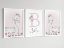 Swan Princess Girls Room A4 Or A3 Nursery Set Of Unframed Personalised Prints Pink Grey Flowers Bedroom Crown Girly Wall Art - thumbnail 1