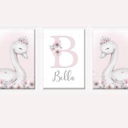 Swan Princess Girls Room A4 Or A3 Nursery Set Of Unframed Personalised Prints Pink Grey Flowers Bedroom Crown Girly Wall Art - thumbnail 3
