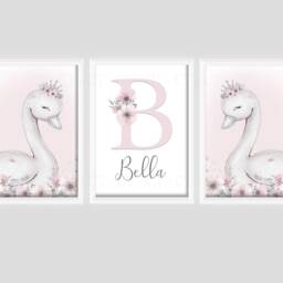 Swan Princess Girls Room A4 Or A3 Nursery Set Of Unframed Personalised Prints Pink Grey Flowers Bedroom Crown Girly Wall Art - thumbnail 2