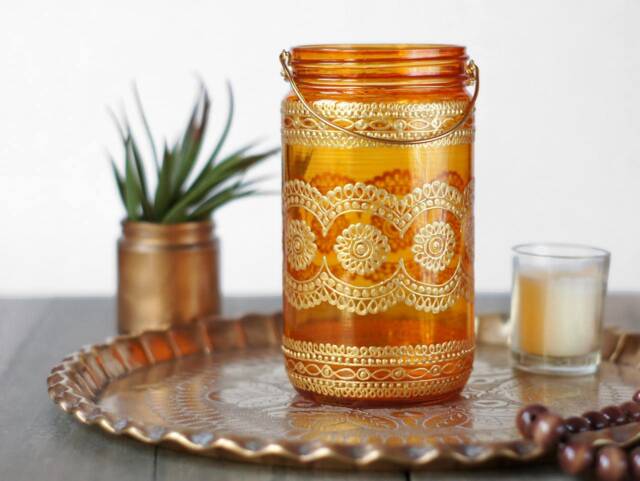 Henna Candle Lantern Bohemian Decor, Personalized Mason Jar Light - image 1