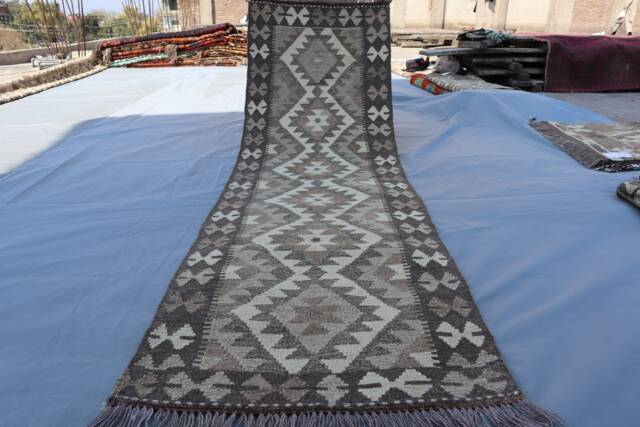 Short Kilem Runner Rug, 2x6'6 Afghan Beige Gray Turkmen Kilim Runner, Natural Veg Dyes Hallway Kitchen - image 1