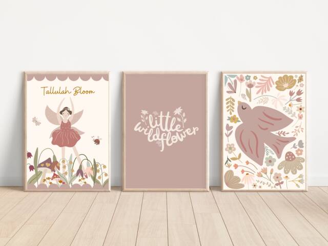 Set Of 3 Personalised Fairy & Wildflower Prints. Perfect For A Girls Room, Nursery Or Playroom - Prints Only - image 1