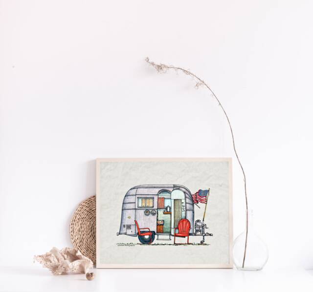 Air Stream Camper - Travel Trailer Van Vanlife Happy Art Print Whimsical Wall Decor Glamping - image 1