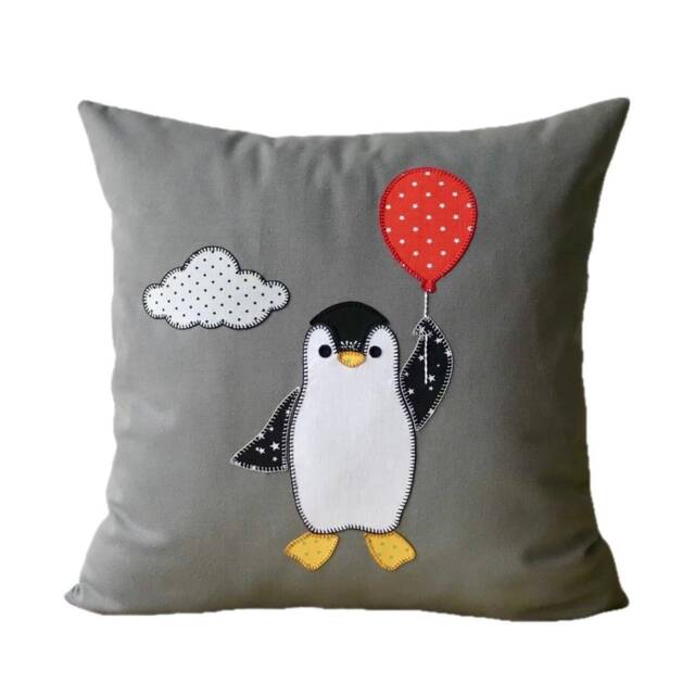 Penguin Pillow Cover, Grey Cushion For Kids Room - image 1