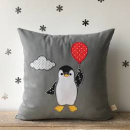 Penguin Pillow Cover, Grey Cushion For Kids Room - thumbnail 3