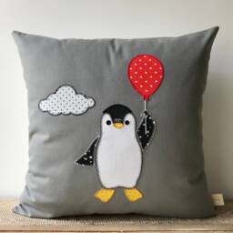 Penguin Pillow Cover, Grey Cushion For Kids Room - thumbnail 2