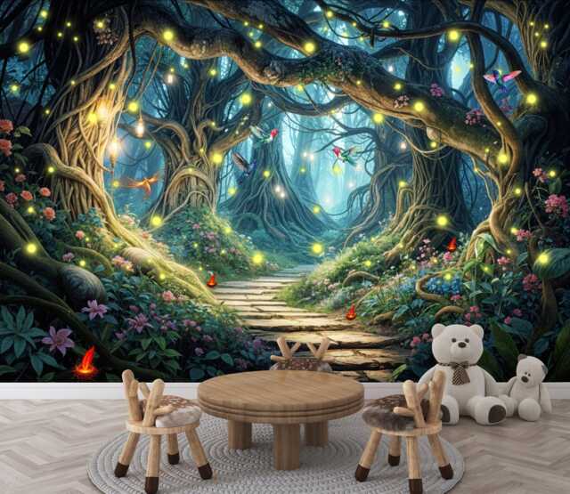 Enchanted Magical Forest Trees Girls Room Wall Decor Gift, Art Print Photomural Wallpaper Mural Easy-Install Removeable Peel & Stick Decal