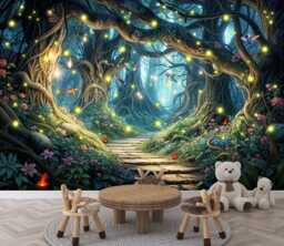 Enchanted Magical Forest Trees Girls Room Wall Decor Gift, Art Print Photomural Wallpaper Mural Easy-Install Removeable Peel & Stick Decal - thumbnail 1