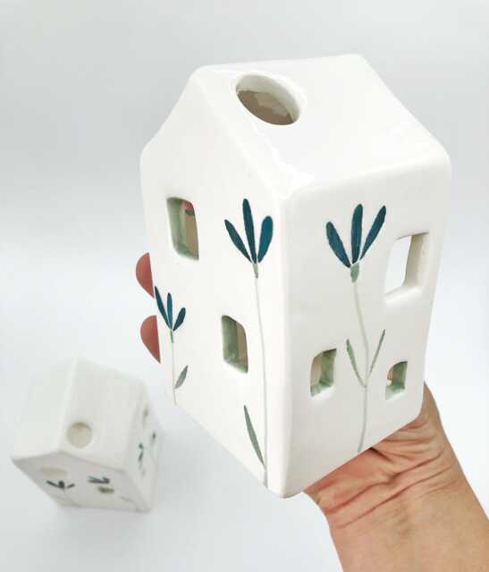 White Ceramic House With Turquoise Flowers, Wall-Hanging Decoration Or Candle - image 1