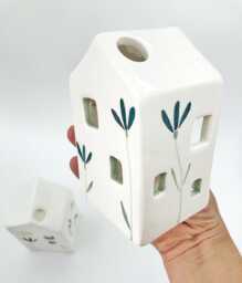 White Ceramic House With Turquoise Flowers, Wall-Hanging Decoration Or Candle - thumbnail 1