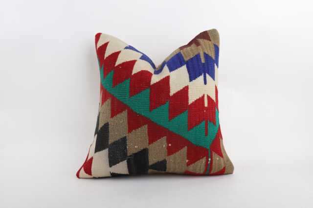 Vintage Turkish Kilim Pillow Cover, Handwoven Wool Cushion, 18x18 Inch Geometric Design - image 1