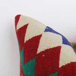 Vintage Turkish Kilim Pillow Cover, Handwoven Wool Cushion, 18x18 Inch Geometric Design - thumbnail 2