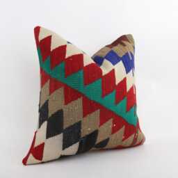Vintage Turkish Kilim Pillow Cover, Handwoven Wool Cushion, 18x18 Inch Geometric Design - thumbnail 3