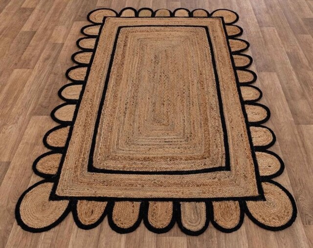 Handwoven Jute Area Rug, Navy Scalloped Edges, Bohemian Style - image 1