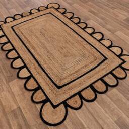 Handwoven Jute Area Rug, Navy Scalloped Edges, Bohemian Style - thumbnail 3