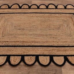 Handwoven Jute Area Rug, Navy Scalloped Edges, Bohemian Style - thumbnail 2