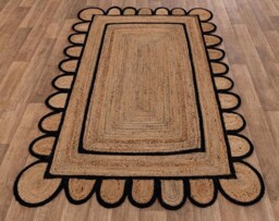 Handwoven Jute Area Rug, Navy Scalloped Edges, Bohemian Style - thumbnail 1