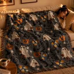 Custom Halloween Ghost Woven Blanket, Cute Throw Spooky Pumpkin Candy Corn Fall Decor, Cozy Gift - thumbnail 3