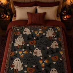 Custom Halloween Ghost Woven Blanket, Cute Throw Spooky Pumpkin Candy Corn Fall Decor, Cozy Gift - thumbnail 2