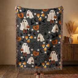 Custom Halloween Ghost Woven Blanket, Cute Throw Spooky Pumpkin Candy Corn Fall Decor, Cozy Gift - thumbnail 1