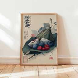 Zongzi Fruit Still Life Chinese Poster, Traditional Rice Dumpling Wall Art, Vintage Asian Kitchen Print, Art - thumbnail 1