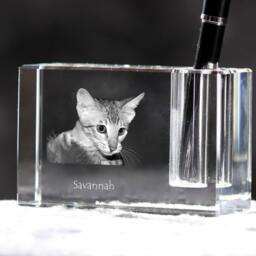Savannah Cat , Crystal Pen Holder With Cat, Souvenir, Decoration, Limited Edition, Collection - thumbnail 2