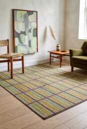 Handmade Green & Mustard Wool Kilim Rug - Nordic Minimalist Flat Weave Area Rug, Custom Boho Decor - thumbnail 1