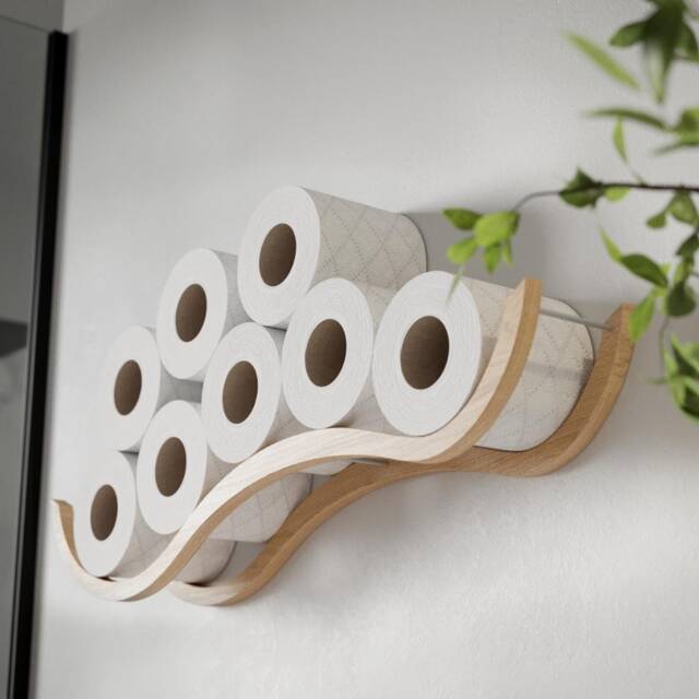 Wood Wall Mount Toilet Paper Holder Wave, Floating Tp Storage - image 1