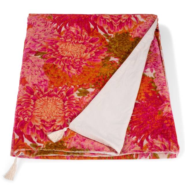 Pink & Orange Floral Chrysanthemum Velvet Throw Blanket, Tassel Bedspread - image 1