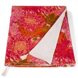 Pink & Orange Floral Chrysanthemum Velvet Throw Blanket, Tassel Bedspread - thumbnail 1