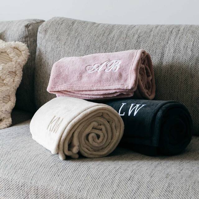 Personalised Microplush Throw Blanket - Embroidered Monogram Initials in Cream Pink Grey Custom Couch Gift Christmas Birthday For Her - image 1