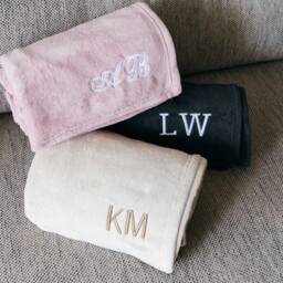 Personalised Microplush Throw Blanket - Embroidered Monogram Initials in Cream Pink Grey Custom Couch Gift Christmas Birthday For Her - thumbnail 2