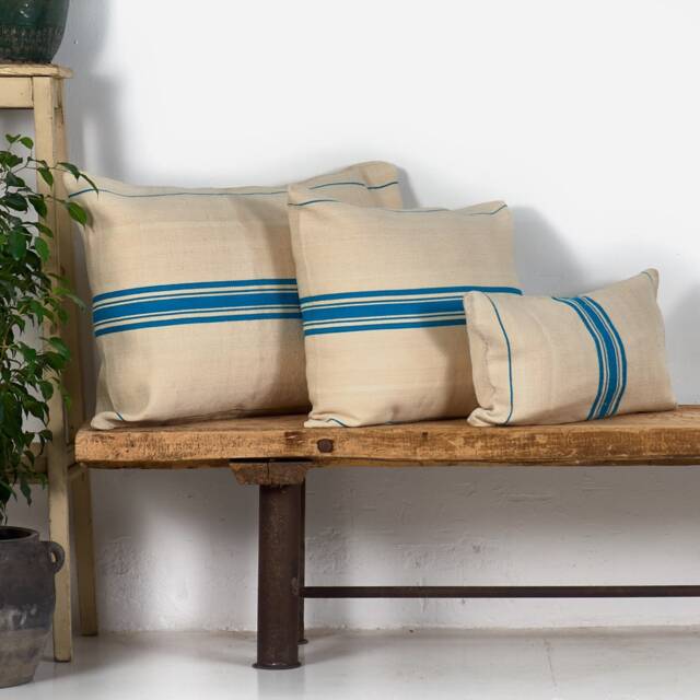 Antique Linen Turquoise Blue Striped Cushion - image 1