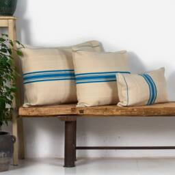 Antique Linen Turquoise Blue Striped Cushion - thumbnail 1