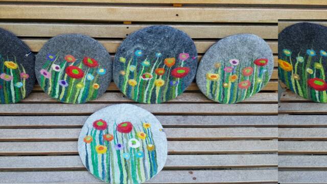 Handfelted Seat Cushion With Flowers & Grass, Summer, Gray - image 1