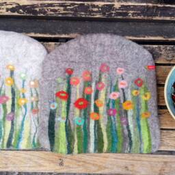 Handfelted Seat Cushion With Flowers & Grass, Summer, Gray - thumbnail 3