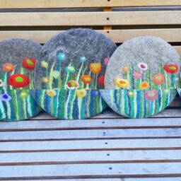Handfelted Seat Cushion With Flowers & Grass, Summer, Gray - thumbnail 2