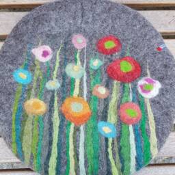 Handfelted Seat Cushion With Flowers & Grass, Summer, Gray - thumbnail 4