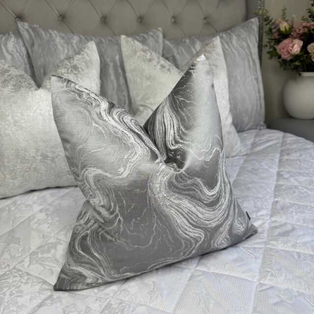 Luxurious Silver Grey Cushion Cover With Marble Design, Throw Pillow For Sofa Or Bed - Designer Alexis Fabric - image 1