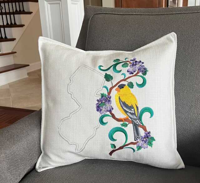 New Jersey Eastern Goldfinch & Purple Violet Medley. Embroidered With Feather Insert - image 1