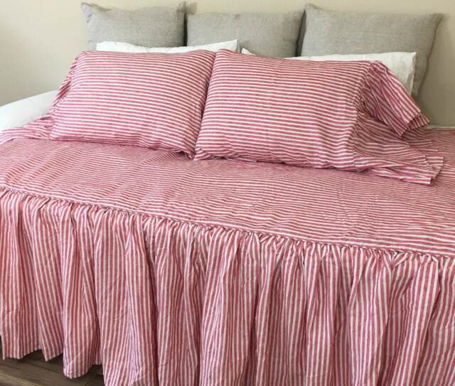 Day Bed Cover in Red & White Striped Linen, Farm House Style Bedding - image 1