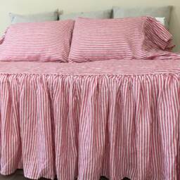 Day Bed Cover in Red & White Striped Linen, Farm House Style Bedding - thumbnail 2