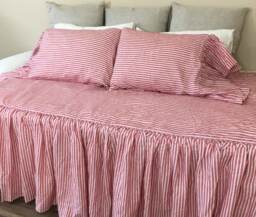 Day Bed Cover in Red & White Striped Linen, Farm House Style Bedding