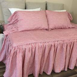Day Bed Cover in Red & White Striped Linen, Farm House Style Bedding - thumbnail 4
