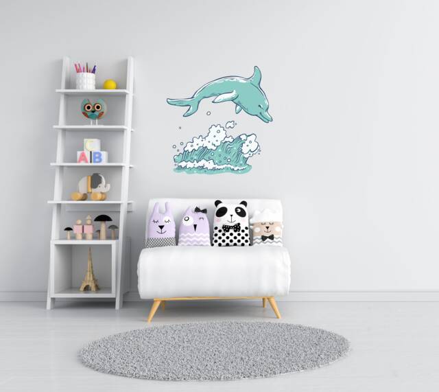 Dolphin Wall Art , Sticker Underwater Decal Nautical Nursery Room Decor Sea Life Stickers Wave Mural - image 1