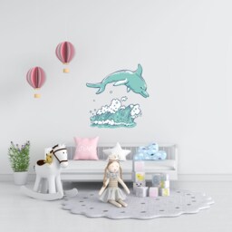 Dolphin Wall Art , Sticker Underwater Decal Nautical Nursery Room Decor Sea Life Stickers Wave Mural - thumbnail 2