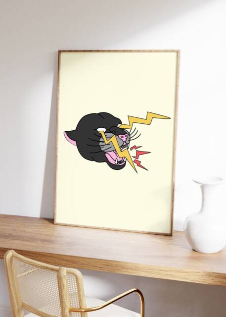 Retro Panther Print - Art, Lightening Bolt, Tattoo Style, Bright Bold, Leopard Cheetah, Hippie, Colourful Home Poster, Alternative